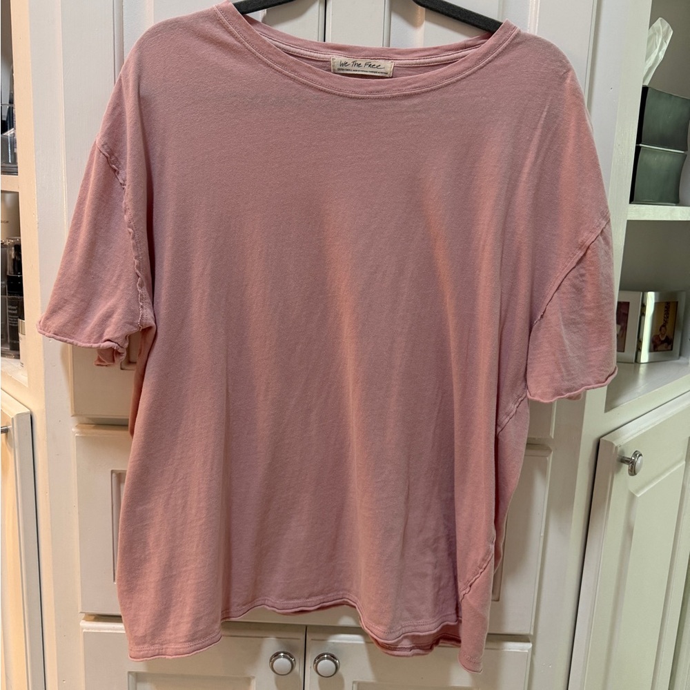 Free People We The Free Pink Oversized Tee XS Relaxed Boho Raw Edge Cotton